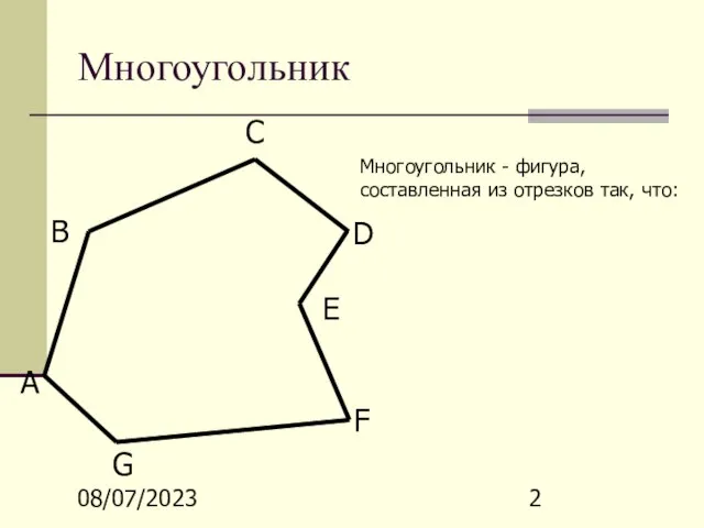 08/07/2023 Многоугольник А В С D F G E Многоугольник - фигура,