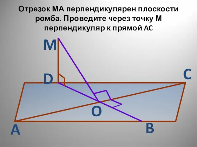 Отрезок МА перпендикулярен плоскости ромба. Проведите через точку М перпендикуляр к прямой