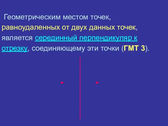 Геометрическим местом точек, равноудаленных от двух данных точек, является серединный перпендикуляр к