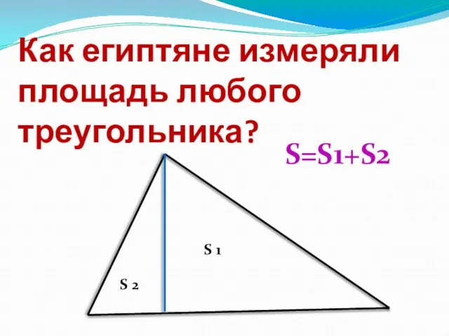 Как египтяне измеряли площадь любого треугольника? S 1 S 2 S=S1+S2