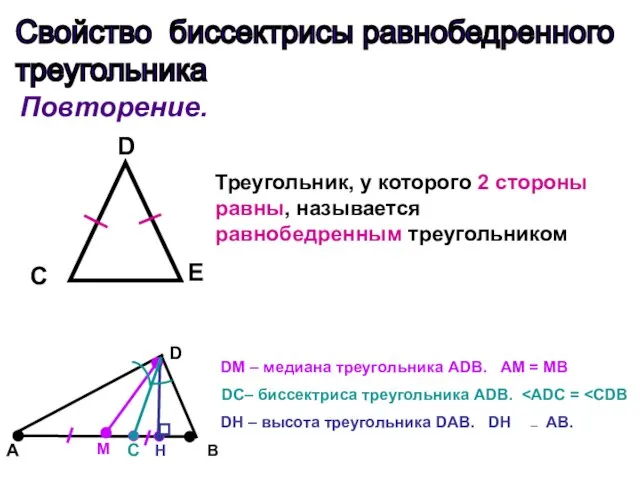 Свойство биссектрисы равнобедренного треугольника Повторение. Треугольник, у которого 2 стороны равны, называется