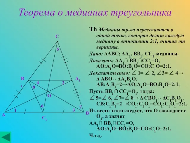 Теорема о медианах треугольника Th Медианы тр-ка пересекаются в одной точке, которая