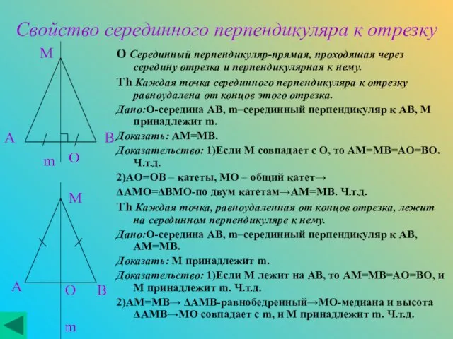 Свойство серединного перпендикуляра к отрезку O Серединный перпендикуляр-прямая, проходящая через середину отрезка