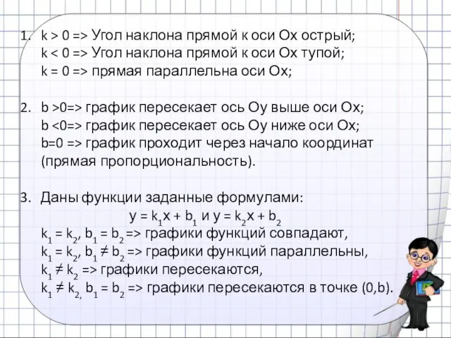 k > 0 => Угол наклона прямой к оси Ох острый; k