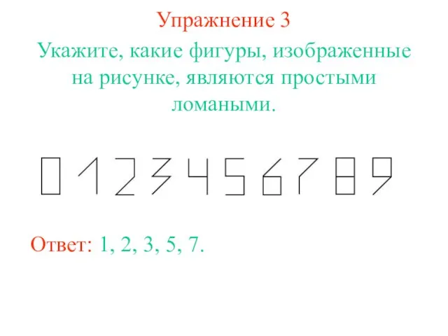 Упражнение 3 Укажите, какие фигуры, изображенные на рисунке, являются простыми ломаными. Ответ: