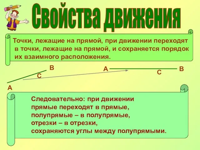 Свойства движения Точки, лежащие на прямой, при движении переходят в точки, лежащие