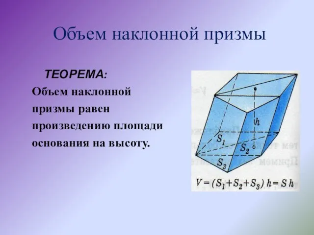 Объем наклонной призмы ТЕОРЕМА: Объем наклонной призмы равен произведению площади основания на высоту.