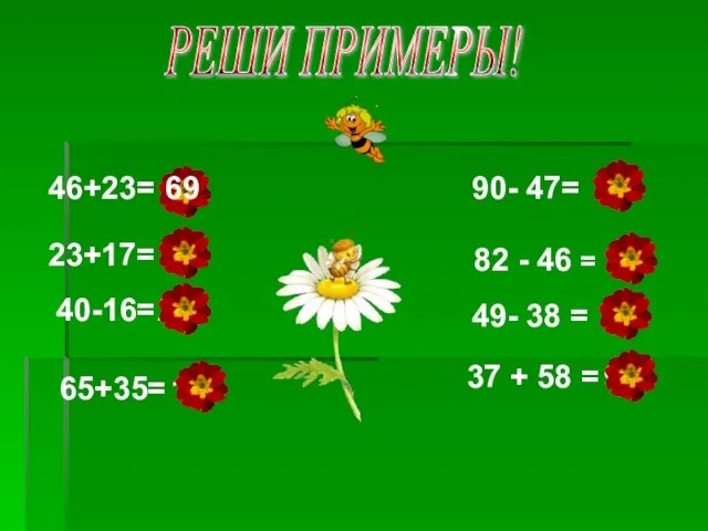 РЕШИ ПРИМЕРЫ! 46+23= 69 23+17= 40 40-16= 24 65+35= 100 90- 47=