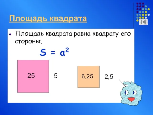 Площадь квадрата Площадь квадрата равна квадрату его стороны. S = a2 25 5 6,25 2,5