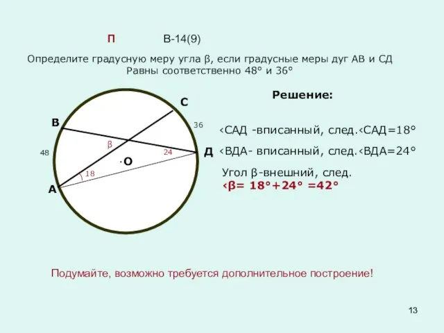 В-14(9) Подумайте, возможно требуется дополнительное построение! П Определите градусную меру угла β,