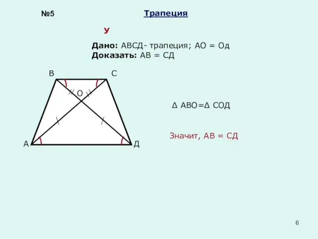 Трапеция Дано: АВСД- трапеция; АО = Од Доказать: АВ = СД А