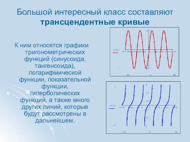 Большой интересный класс составляют трансцендентные кривые К ним относятся графики тригонометрических функций