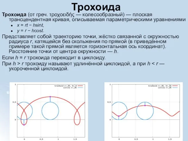 Трохоида Трохоида (от греч. τροχοειδής — колесообразный) — плоская трансцендентная кривая, описываемая