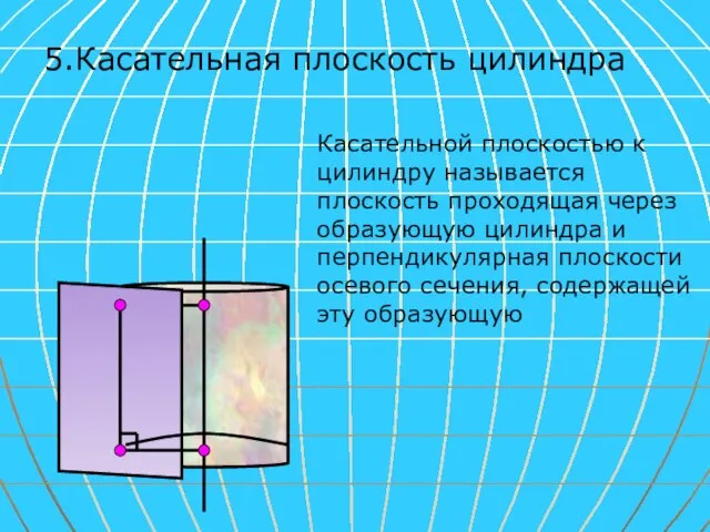 5.Касательная плоскость цилиндра Касательной плоскостью к цилиндру называется плоскость проходящая через образующую