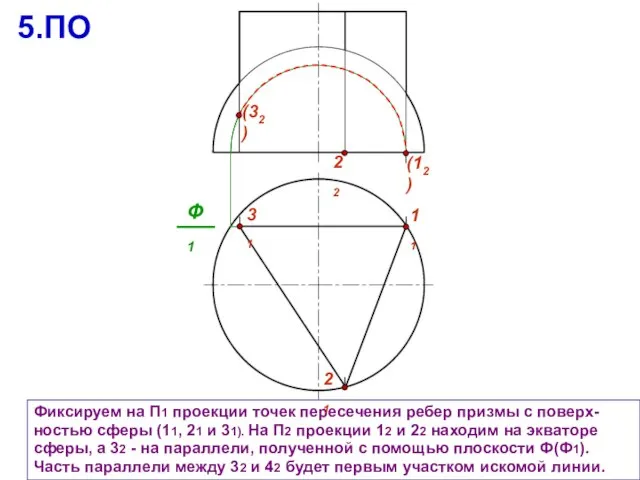 Фиксируем на П1 проекции точек пересечения ребер призмы с поверх- ностью сферы