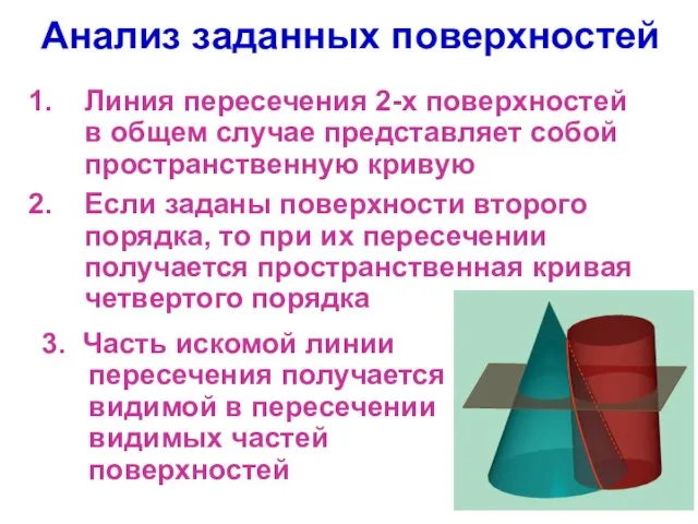 Анализ заданных поверхностей Линия пересечения 2-х поверхностей в общем случае представляет собой