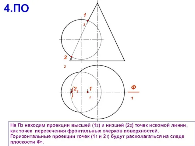 На П2 находим проекции высшей (12) и низшей (22) точек искомой линии,