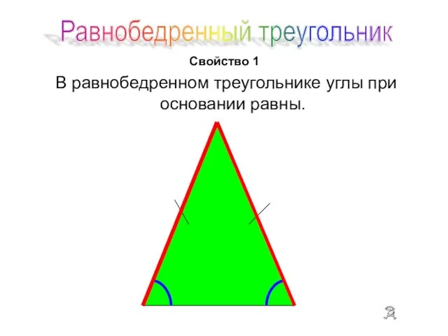 Свойство 1 В равнобедренном треугольнике углы при основании равны. Равнобедренный треугольник