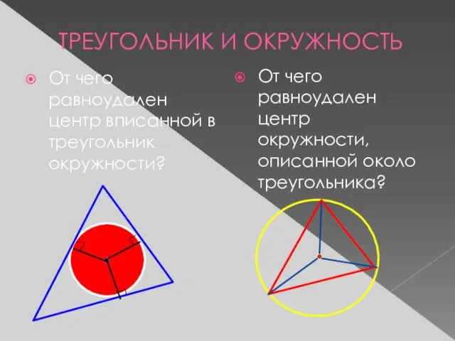 ТРЕУГОЛЬНИК И ОКРУЖНОСТЬ От чего равноудален центр вписанной в треугольник окружности? От