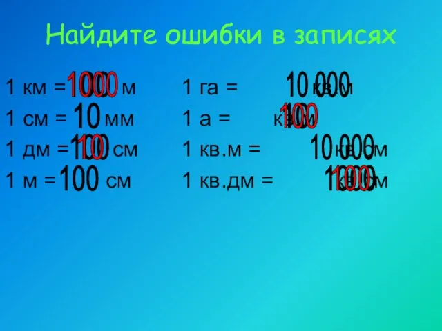 Найдите ошибки в записях 1 км = м 1 га = кв.м