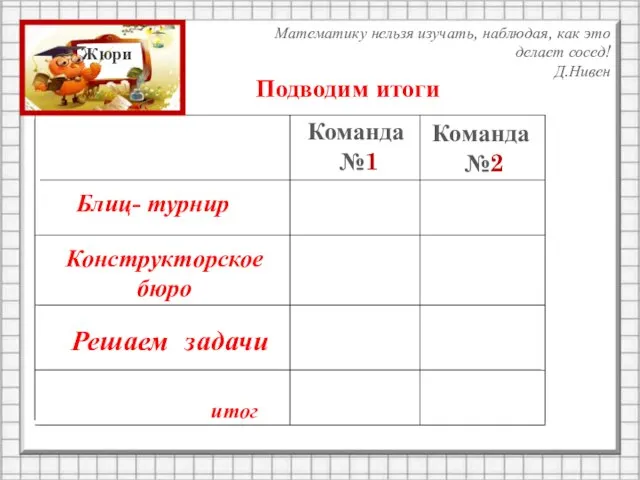 Подводим итоги Команда №1 Команда №2 Блиц- турнир Конструкторское бюро Решаем задачи