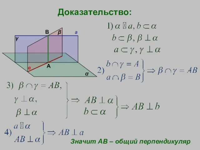 Доказательство: а в α β γ А В Значит АВ – общий перпендикуляр