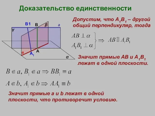 Доказательство единственности а в α β γ А В Допустим, что А1В1