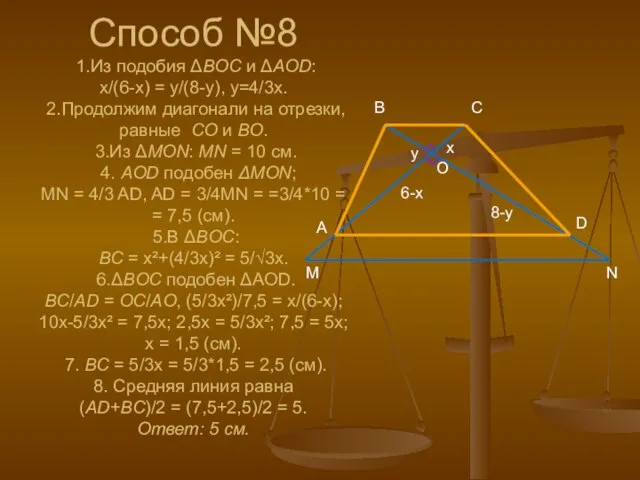 Способ №8 1.Из подобия ΔBOC и ΔAOD: x/(6-x) = y/(8-y), y=4/3x. 2.Продолжим