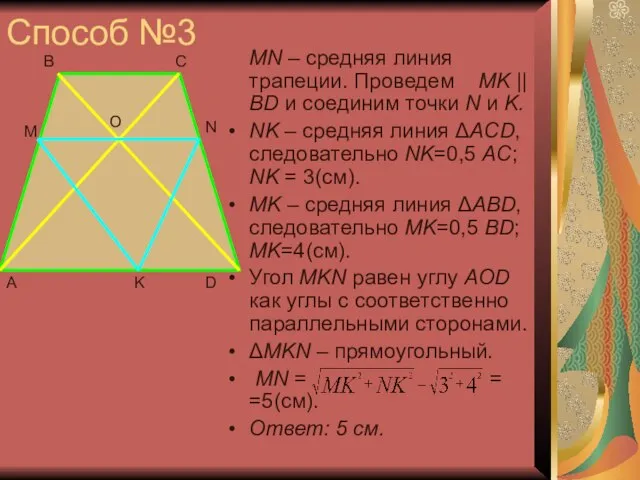 Способ №3 MN – средняя линия трапеции. Проведем MK || BD и