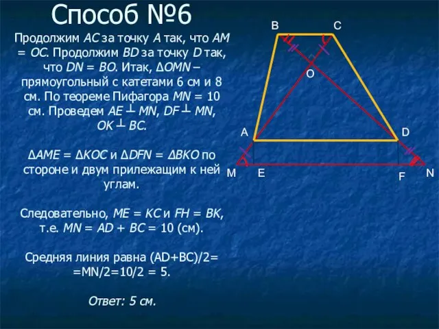 Способ №6 Продолжим AC за точку A так, что АМ = ОС.