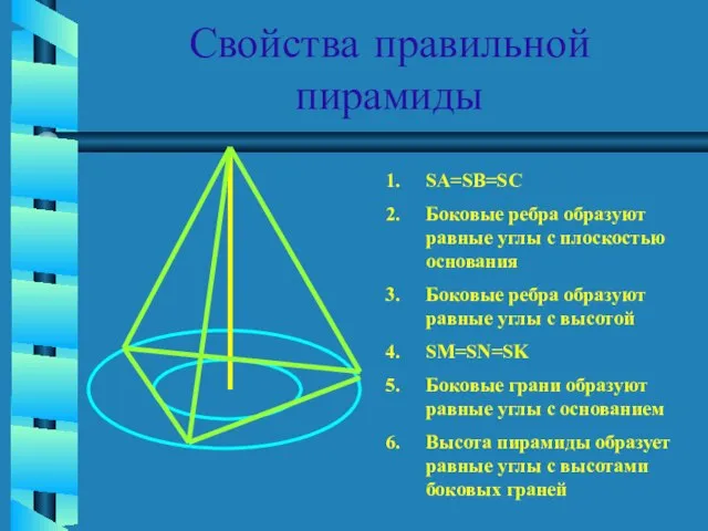 Свойства правильной пирамиды SA=SB=SC Боковые ребра образуют равные углы с плоскостью основания