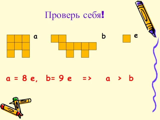 Проверь себя! a b e a = 8 e, b= 9 e => a > b