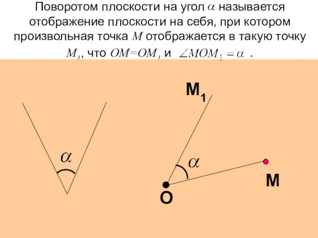 Поворотом плоскости на угол называется отображение плоскости на себя, при котором произвольная