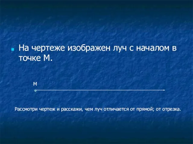 На чертеже изображен луч с началом в точке М. М Рассмотри чертеж