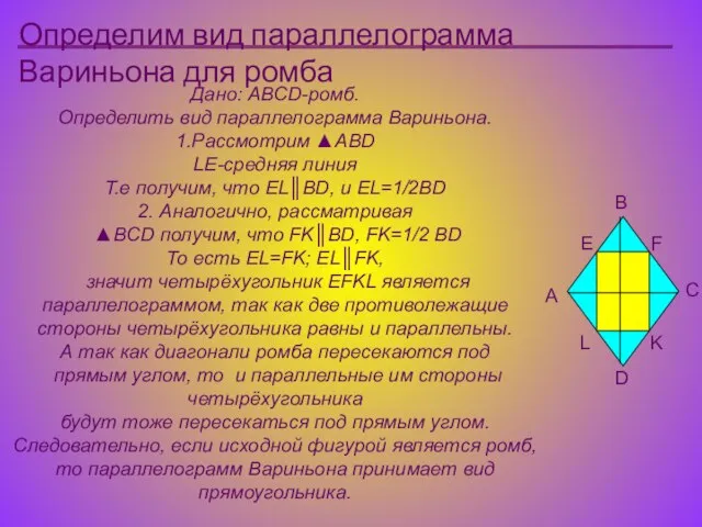 Дано: АBCD-ромб. Определить вид параллелограмма Вариньона. 1.Рассмотрим ▲ABD LE-средняя линия Т.е получим,