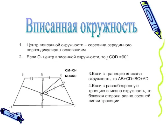 Вписанная окружность Центр вписанной окружности – середина серединного перпендикуляра к основаниям Если