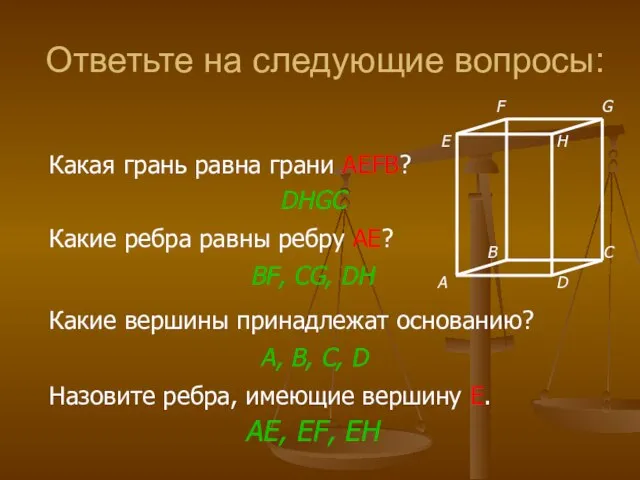 Ответьте на следующие вопросы: Назовите ребра, имеющие вершину E. Какая грань равна