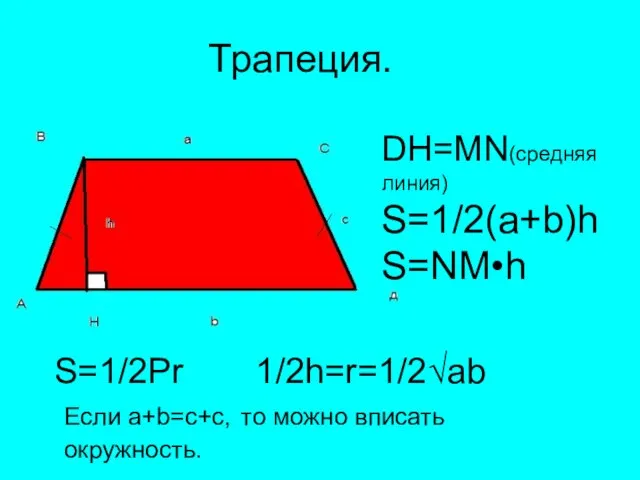 Трапеция. DH=MN(средняя линия) S=1/2(a+b)h S=NM•h S=1/2Pr 1/2h=r=1/2√ab Если a+b=c+с, то можно вписать окружность.