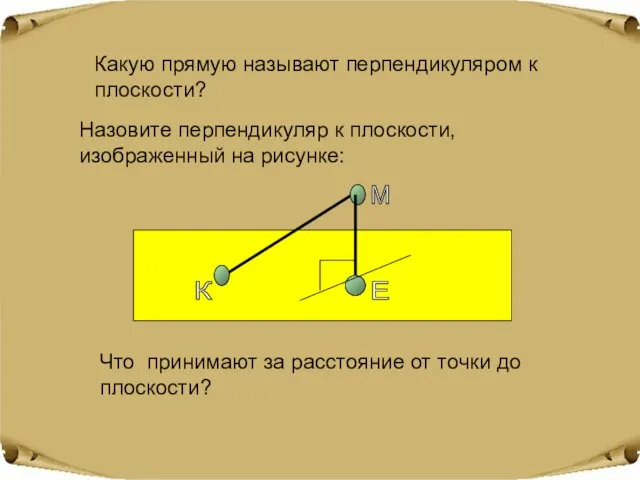 Какую прямую называют перпендикуляром к плоскости? Назовите перпендикуляр к плоскости, изображенный на