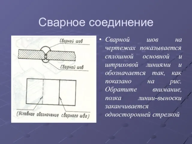 Сварное соединение Сварной шов на чертежах показывается сплошной основной и штриховой линиями