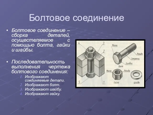 Болтовое соединение Болтовое соединение – сборка деталей, осуществляемое с помощью болта, гайки