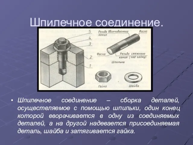 Шпилечное соединение. Шпилечное соединение – сборка деталей, осуществляемое с помощью шпильки, один