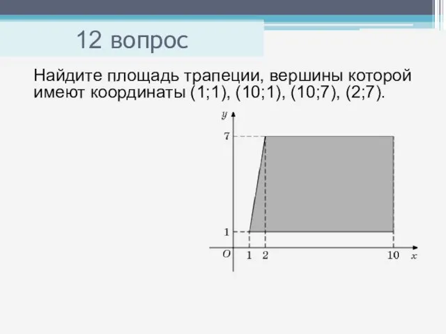 12 вопрос Найдите площадь трапеции, вершины которой имеют координаты (1;1), (10;1), (10;7), (2;7).