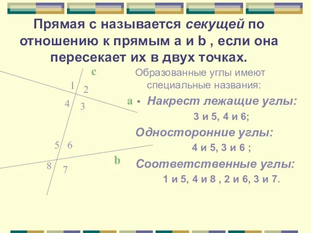 Прямая с называется секущей по отношению к прямым а и b ,