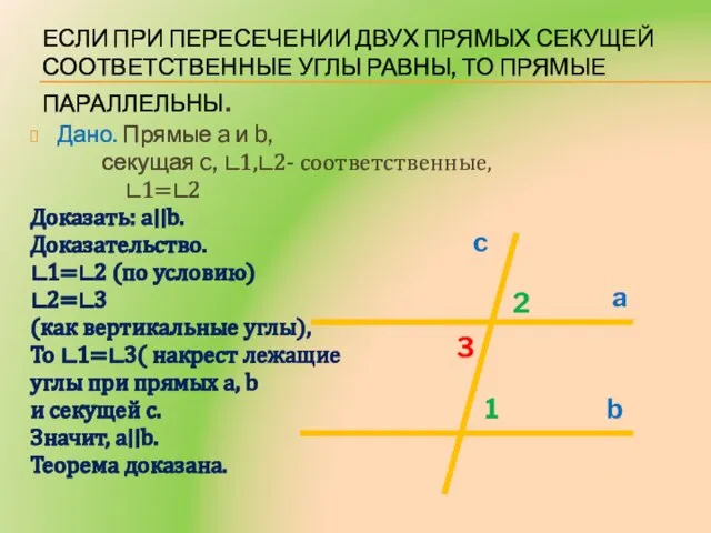 Если при пересечении двух прямых секущей соответственные углы равны, то прямые параллельны.