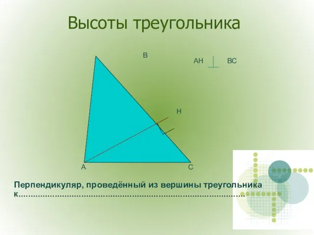 Высоты треугольника А С В Н АН ВС Перпендикуляр, проведённый из вершины треугольника к..............................................................................................