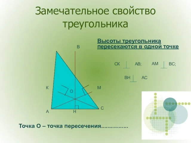 Замечательное свойство треугольника Высоты треугольника пересекаются в одной точке О А В