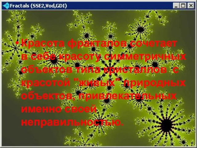 Красота фракталов сочетает в себе красоту симметричных объектов типа кристаллов с красотой