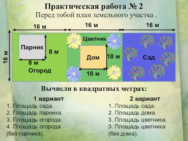 Практическая работа № 2 Перед тобой план земельного участка . 1 вариант