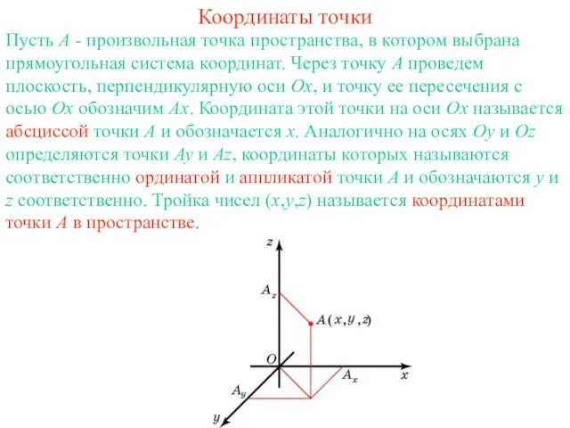 Координаты точки Пусть A - произвольная точка пространства, в котором выбрана прямоугольная